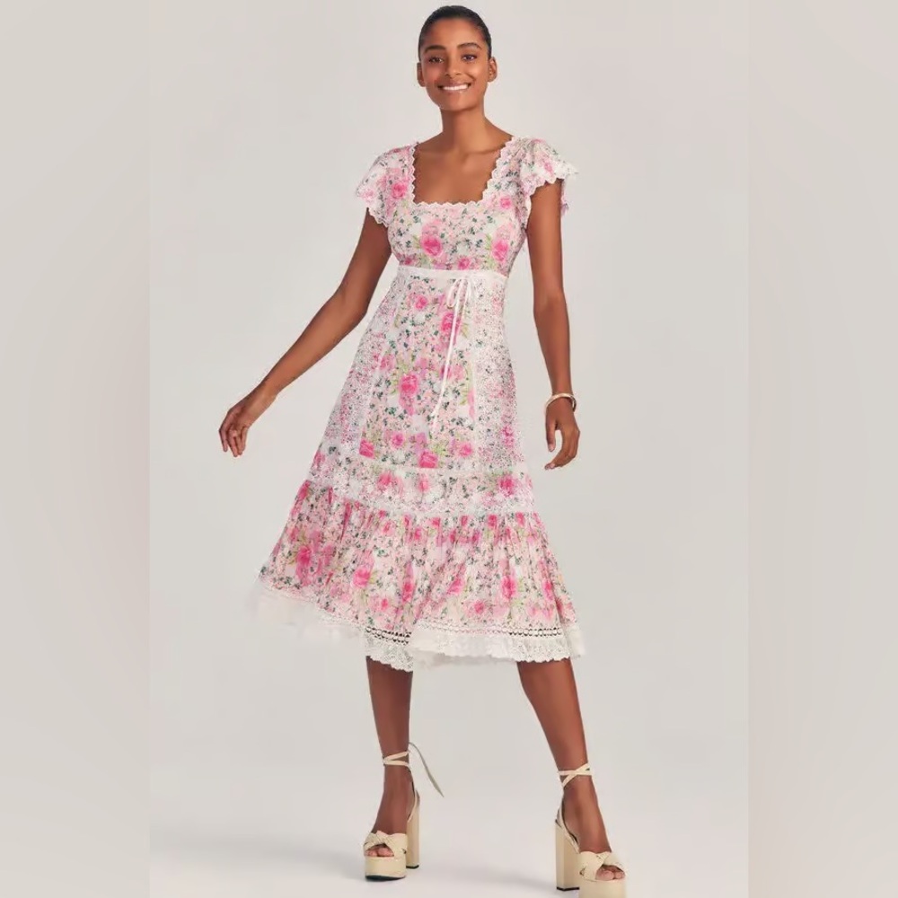 NWT LoveShackFancy Charles Midi Dress in Magenta Flower Fields in a size 00